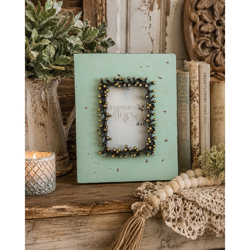 4x6 Picture Frame Distressed Aqua Wood Green Rhinestone Farmhouse Rustic Chic